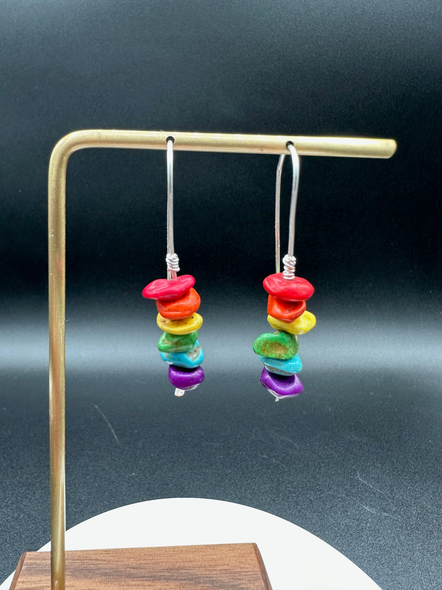 Rainbow Beaded Boho Arch Earrings, Perfect gift, Natural Stone chip multi-color wire earrings in gold, silver or rose gold.