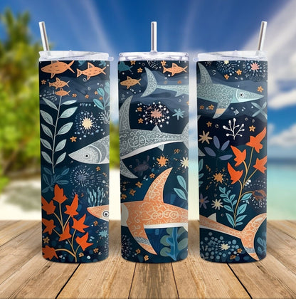 Cute Boho Shark Tumbler, Underwater Folk Art Insulated Cup - Whale shark, Tiger Shark, Reef Sharks for Kids, SCUBA Divers, and Ocean Lovers