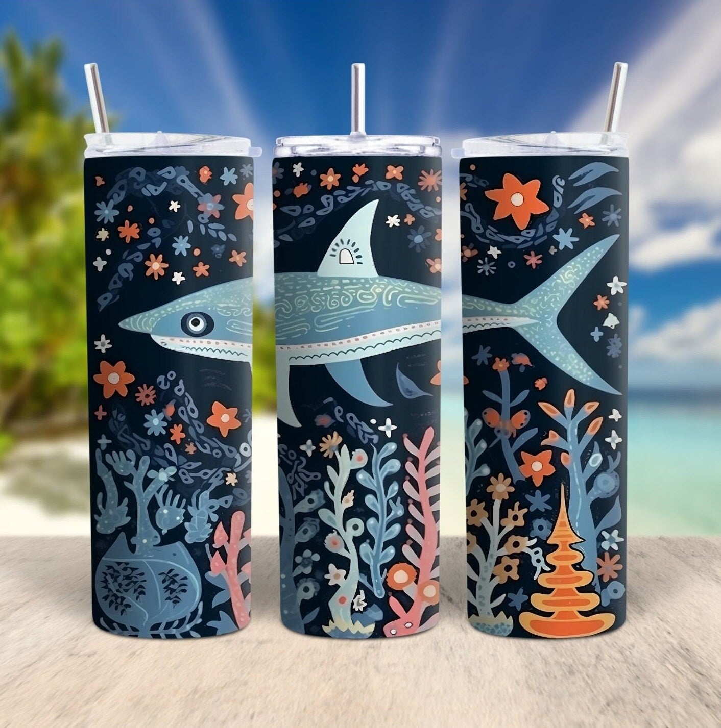 Cute Boho Shark Tumbler, Underwater Folk Art Insulated Cup - Whale shark, Tiger Shark, Reef Sharks for Kids, SCUBA Divers, and Ocean Lovers