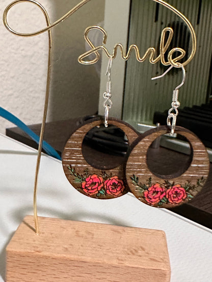 Handpainted Floral Wooden Dangle Earrings - Reclaimed, Upcycled, and Lightweight for everyday wear.