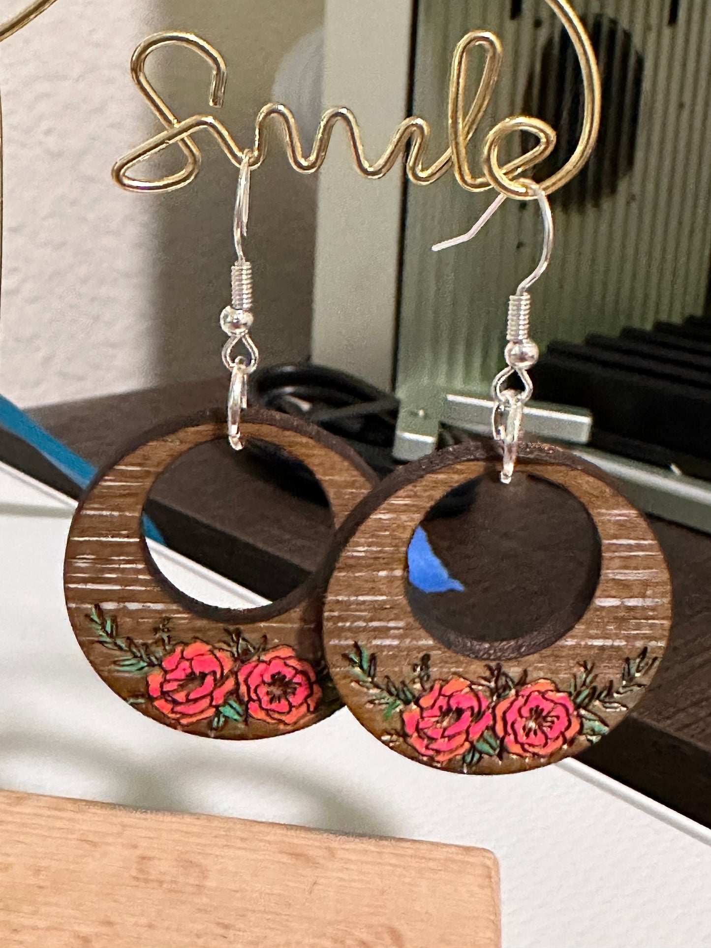 Handpainted Floral Wooden Dangle Earrings - Reclaimed, Upcycled, and Lightweight for everyday wear.