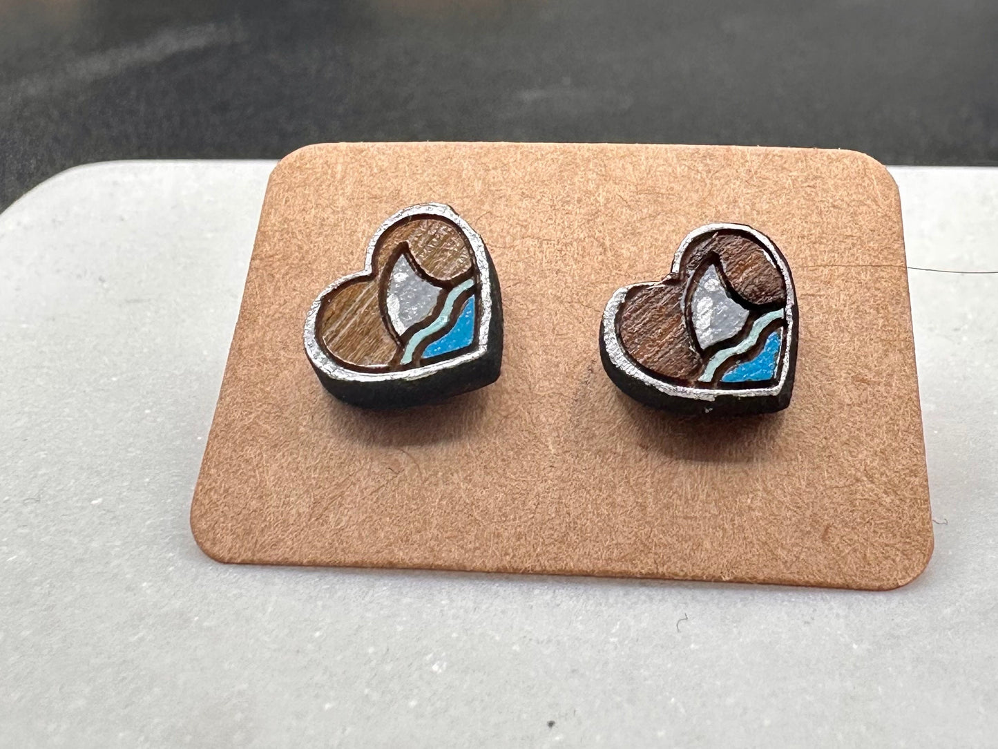 Shark Heart earrings, upcycled reclaimed wood- Shark Fin Studs are a great gift for divers, ocean lovers, and conservationists. SHARK WEEK