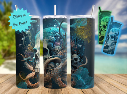 Scuba Skull Surreal Coral Reef 20 oz Tumbler -Glow in the Dark, Unique and Eye-Catching Design for Night Divers & Ocean Lovers