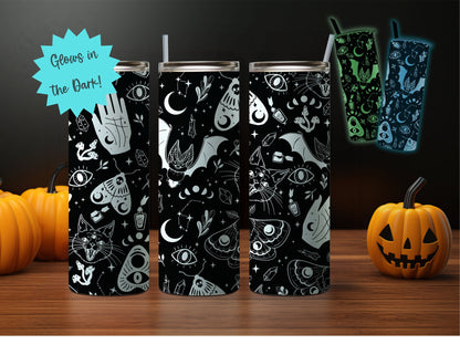 20oz Glow-in-the-Dark Halloween Themed Stainless Steel Tumbler, Mystial Celestial, Bad Witch, Spooky Mama Sugar Skull Design- Blue or Green