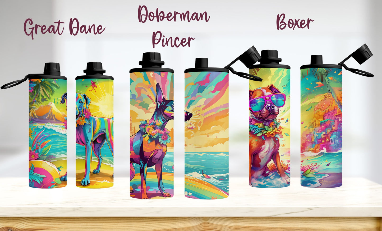 90's Inspired Dog Breed Stainless Steel Water Bottle, 20oz  Colorful Dog Breeds at the Beach, Insulated Travel Cup for Gym or School