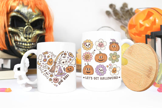 Retro  Halloween Coffee Mug -15oz w/ Bamboo Lid, 11oz or 12 oz Camp mug. Cute & Nostalgic 90's Style- Perfect Gift for your spooky Tea Lover