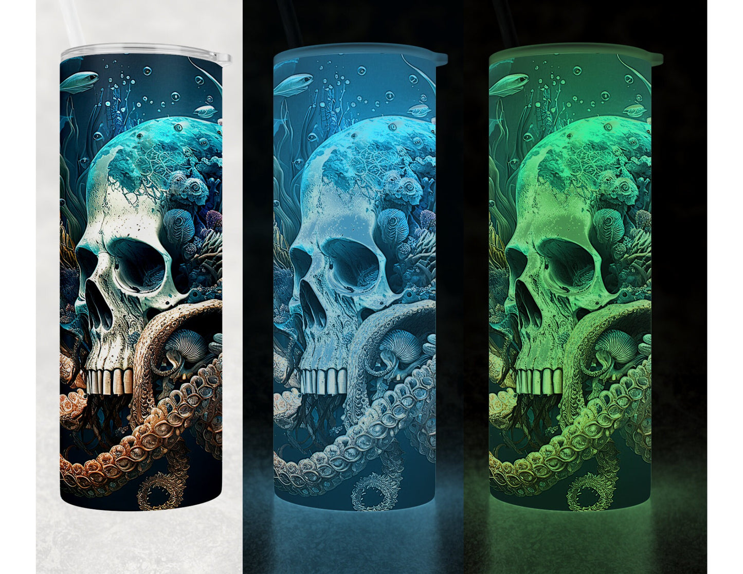 Scuba Skull Surreal Coral Reef 20 oz Tumbler -Glow in the Dark, Unique and Eye-Catching Design for Night Divers & Ocean Lovers