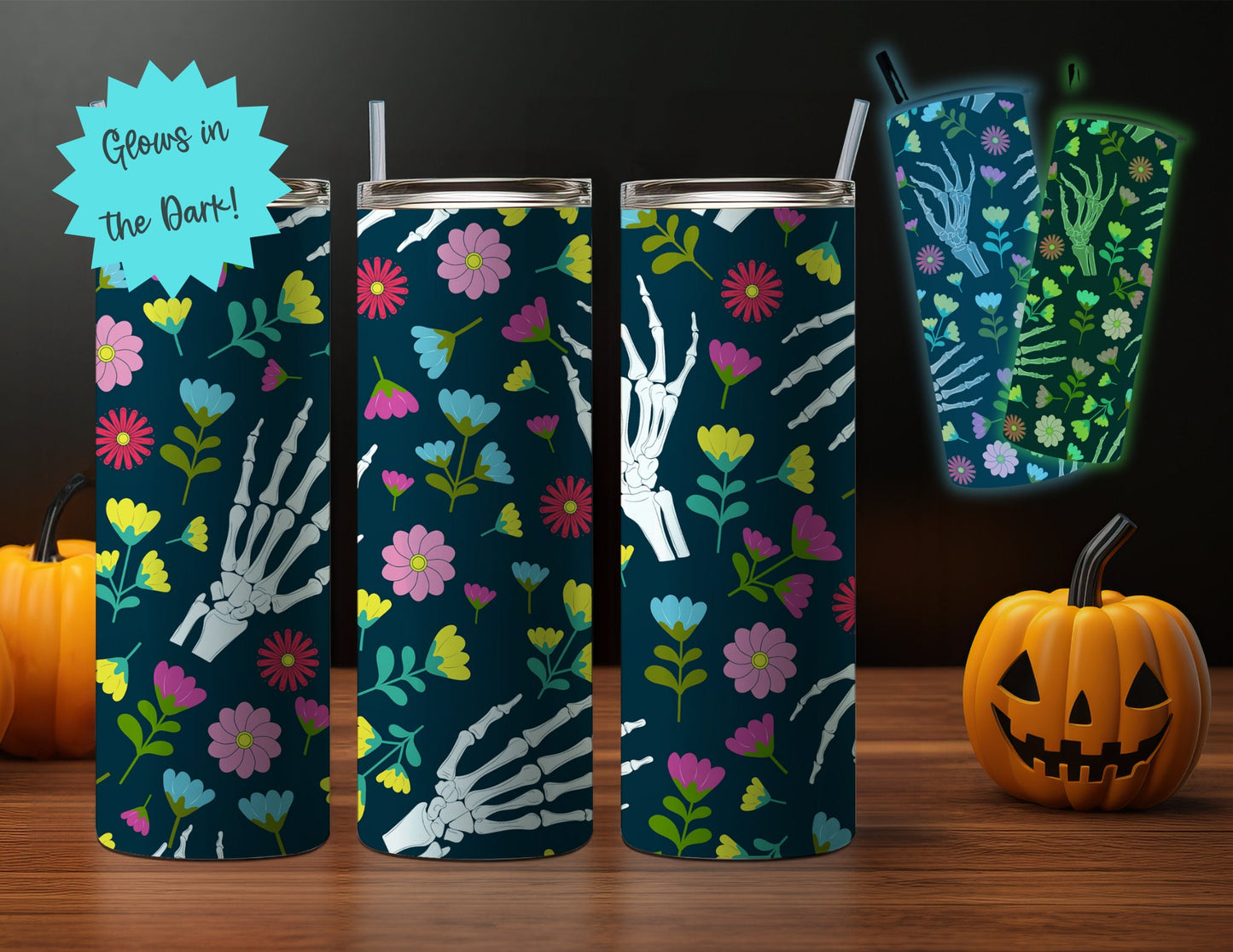 20oz Glow-in-the-Dark Halloween Themed Stainless Steel Tumbler, Mystial Celestial, Bad Witch, Spooky Mama Sugar Skull Design- Blue or Green