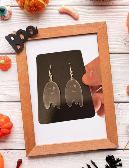 Cute Ghost Earrings-Lightweight Winking Spirit Dangles in Clear Acrylic for Halloween or Everyday