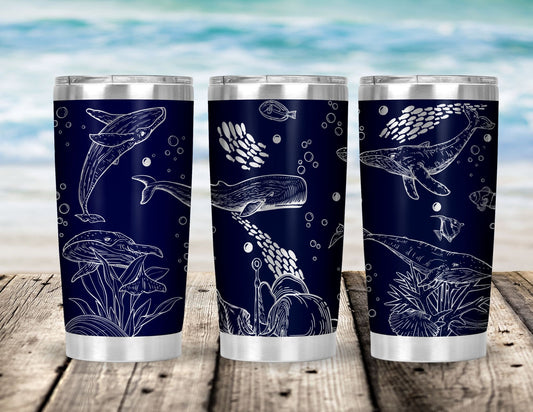 Full Wrap Engraved Whale Tumbler- 20 ounces w/ Humpback & Sperm Whales for the diver, SCUBA instruction or dive buddy. Many colors available