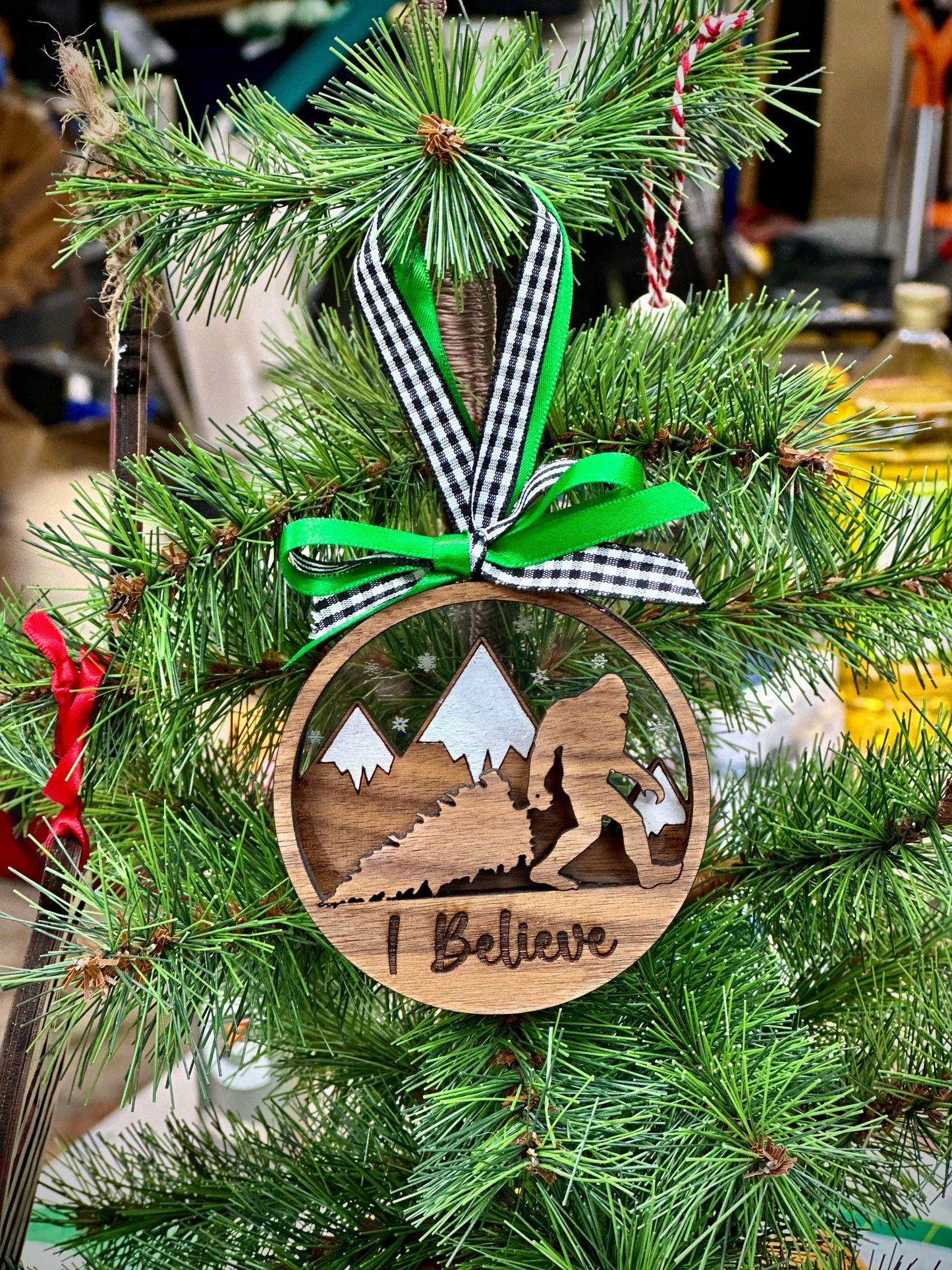 Believe in Bigfoot Ornament: Starry Sky, Mountains, yeti, Sasquatch with Christmas Tree - Customized - Camping, Outdoor Enthusiast Gift