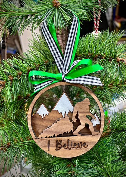 Believe in Bigfoot Ornament: Starry Sky, Mountains, yeti, Sasquatch with Christmas Tree - Customized - Camping, Outdoor Enthusiast Gift