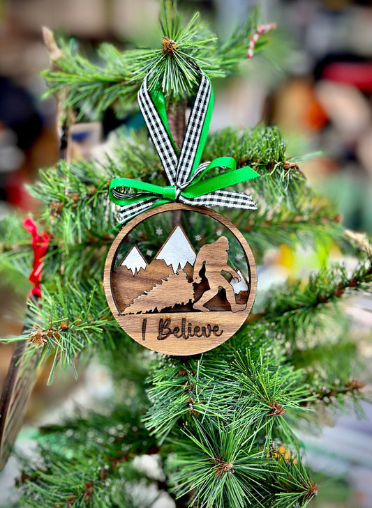 Believe in Bigfoot Ornament: Starry Sky, Mountains, yeti, Sasquatch with Christmas Tree - Customized - Camping, Outdoor Enthusiast Gift