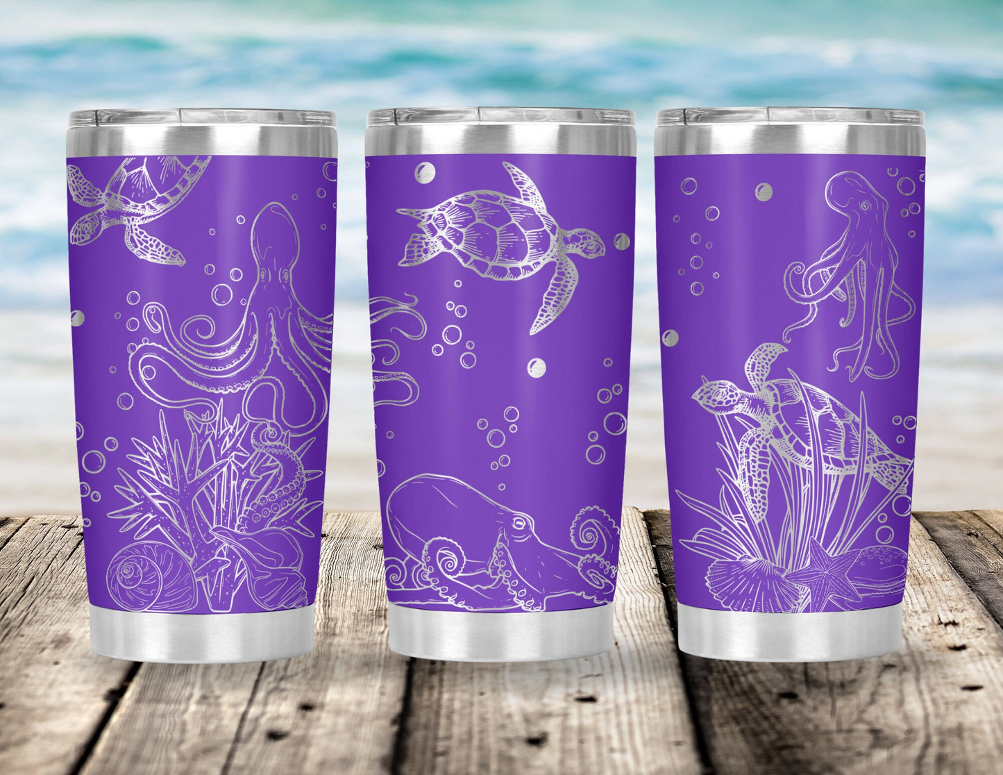 SeaTurtle + Octopus Tumbler- 360 Full Wrap Engraving, 20 ounces for divers, SCUBA instruction or dive buddy