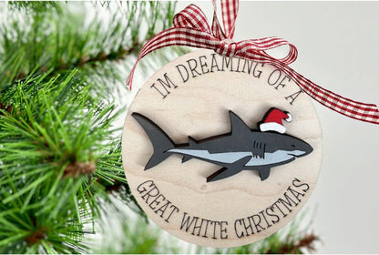 Handmade Great White Shark Christmas Ornament - 3.5" Hand-Painted Circle Ornament with Santa Hat - Unique Holiday Decor - Ocean Lover's Gift