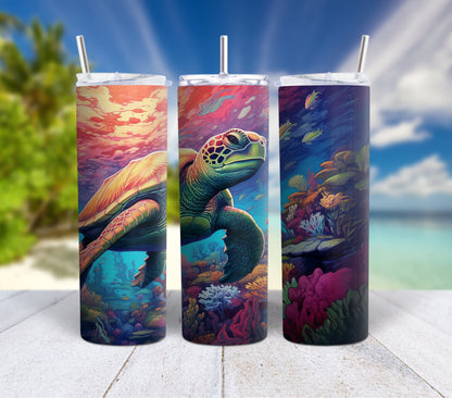 Colorful Ocean Life 90's Rainbow Inspired 20oz Stainless Steel Tumbler, Insulated Travel Mug  with Orca, Octopus, Otters, Clowfish, Dolphins