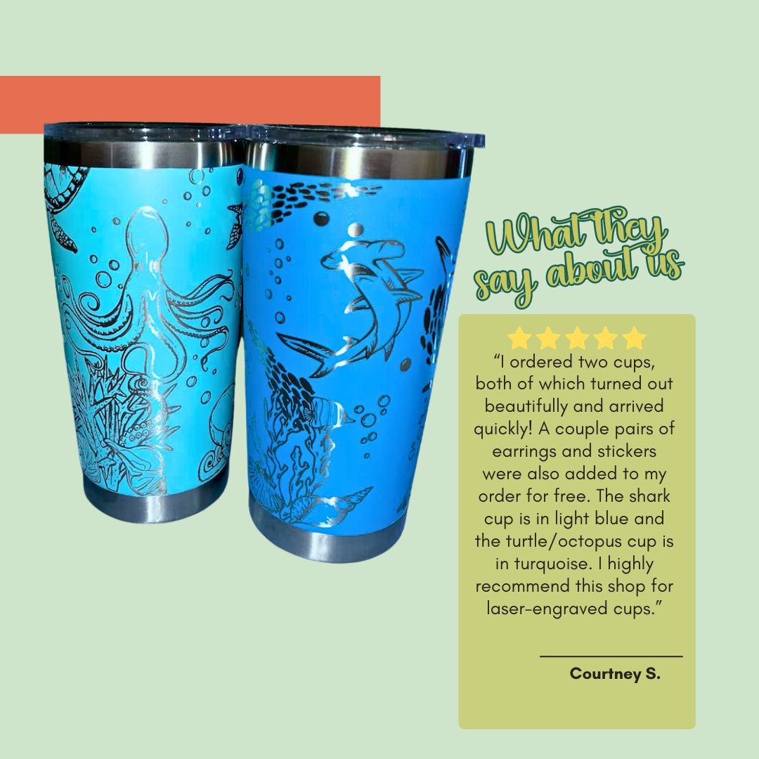 SeaTurtle + Octopus Tumbler- 360 Full Wrap Engraving, 20 ounces for divers, SCUBA instruction or dive buddy