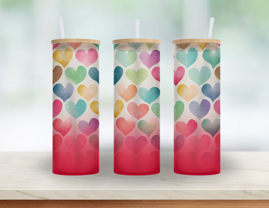 Valentine's Day Gift for Bestie, Daughter, Teacher or Girlfriend- 25 oz Watercolor Heart,  Glass tumbler with bamboo lid and straw.