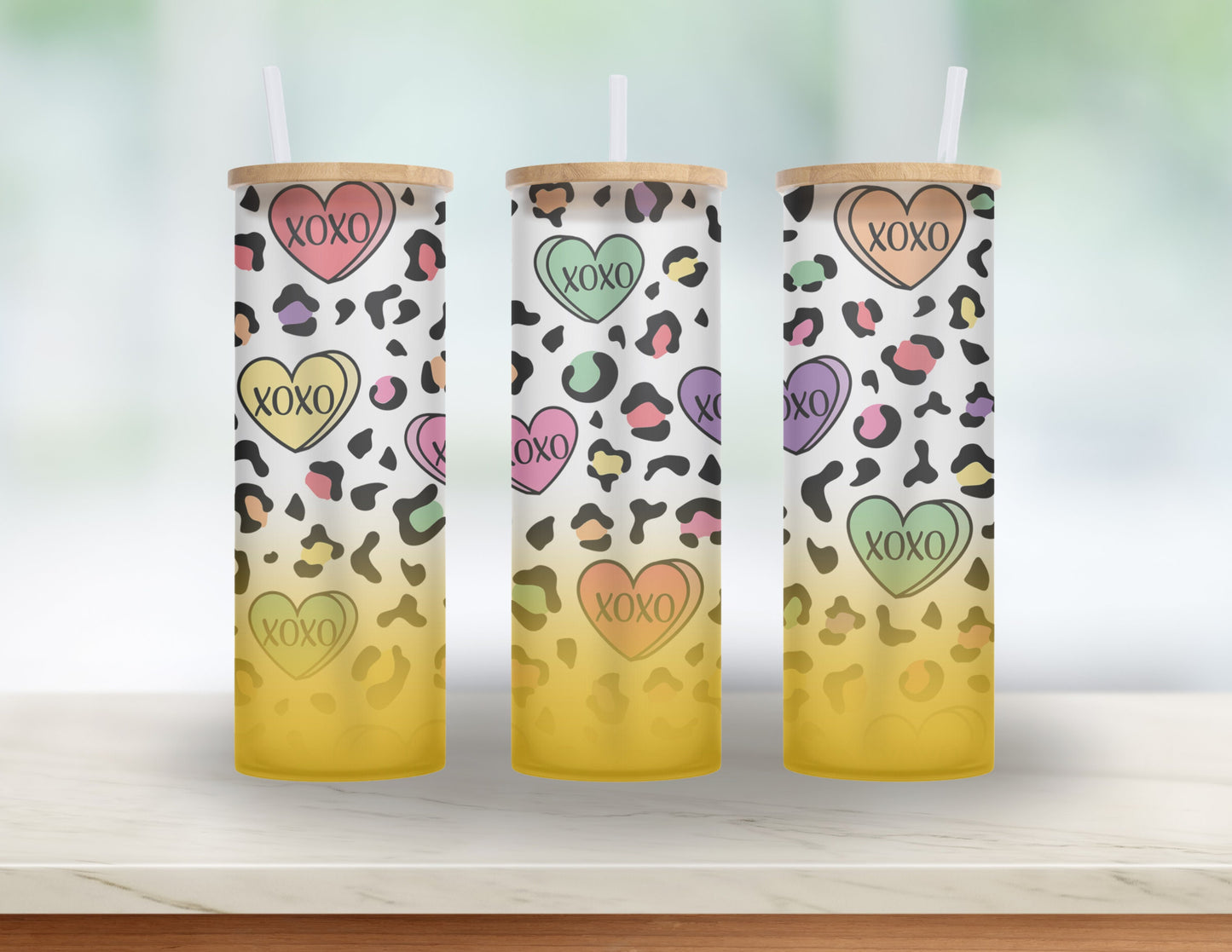 Valentine's Day Gift for Bestie, 90's Mom or Girlfriend- 25 oz Conversation Heart, Rainbow Leopard Glass tumbler with bamboo lid and straw