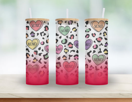 Valentine's Day Gift for Bestie, 90's Mom or Girlfriend- 25 oz Conversation Heart, Rainbow Leopard Glass tumbler with bamboo lid and straw