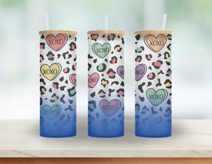 Valentine's Day Gift for Bestie, 90's Mom or Girlfriend- 25 oz Conversation Heart, Rainbow Leopard Glass tumbler with bamboo lid and straw