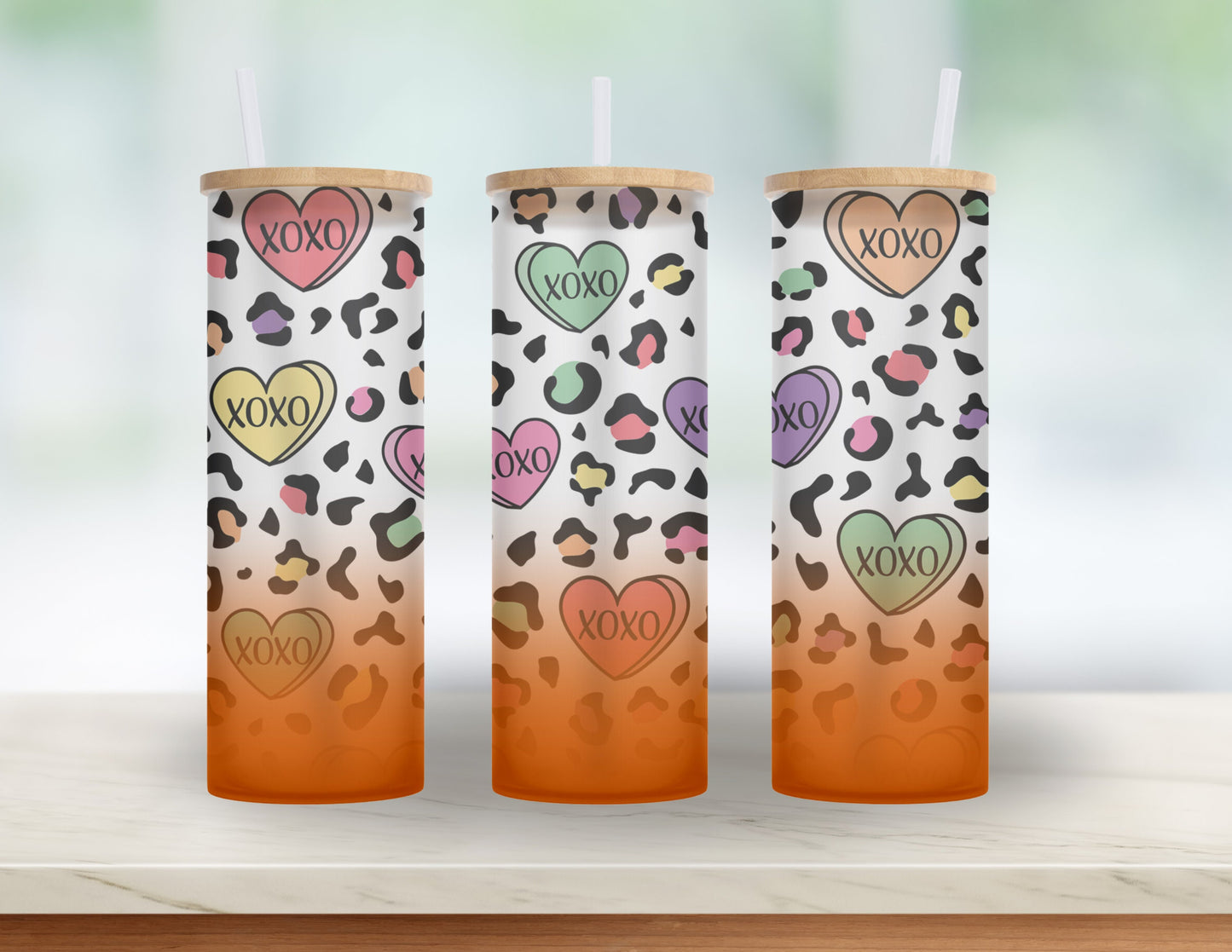 Valentine's Day Gift for Bestie, 90's Mom or Girlfriend- 25 oz Conversation Heart, Rainbow Leopard Glass tumbler with bamboo lid and straw