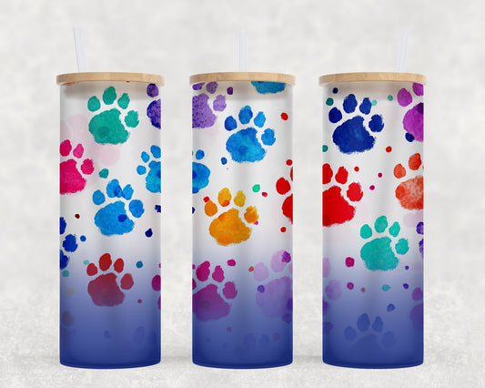 Dog Mom Gift for Bestie, Daughter, Teacher or Girlfriend- 25 oz  Colorful paw print glass tumbler with bamboo lid and straw for iced coffee